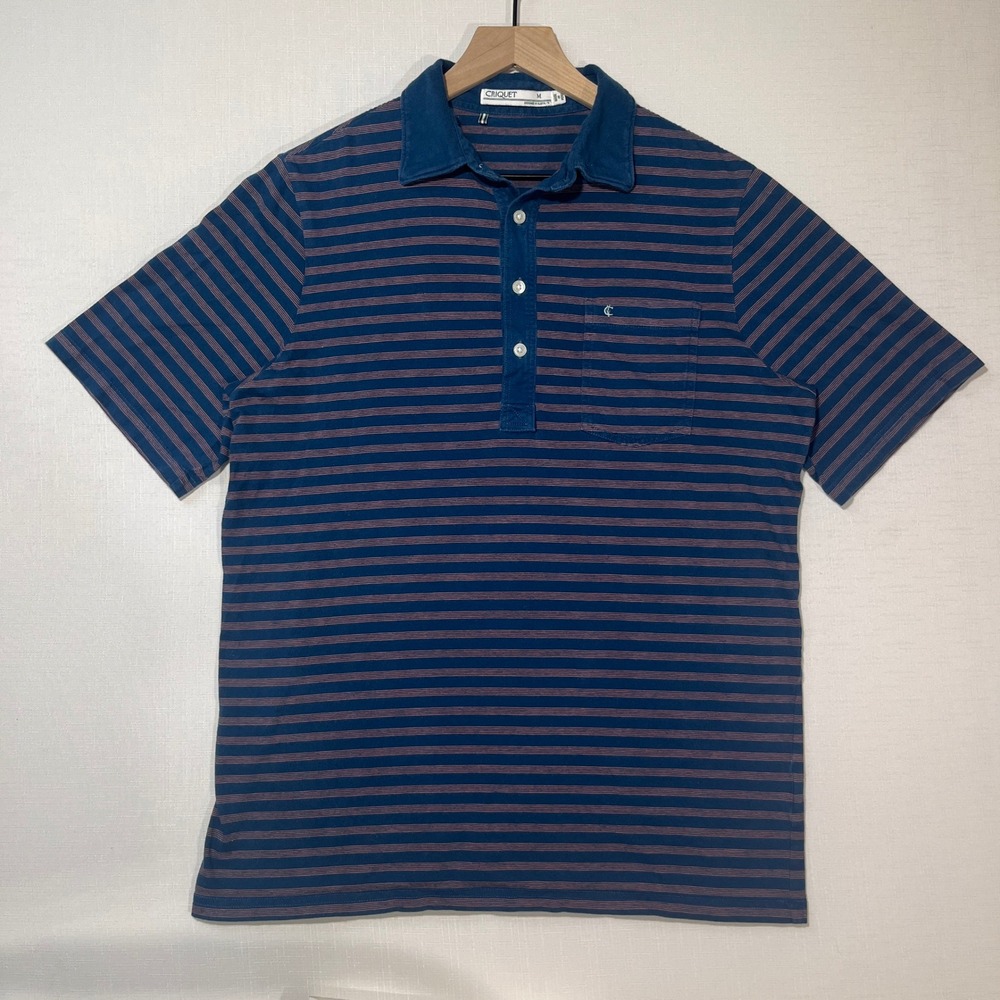 Criquet Polo Shirt Size M Men Blue Striped Pocket Top Preppy Golf Organic Cotton